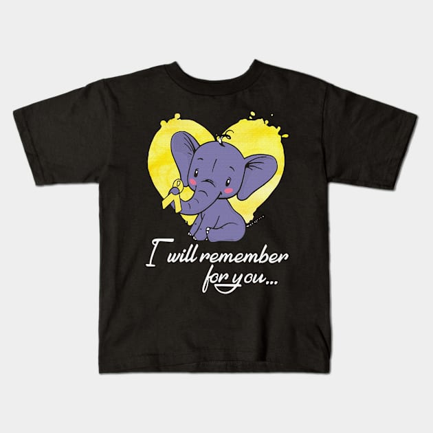 I Will Remember For You Elephant Testicular Cancer Awareness Peach Ribbon Warrior Kids T-Shirt by celsaclaudio506